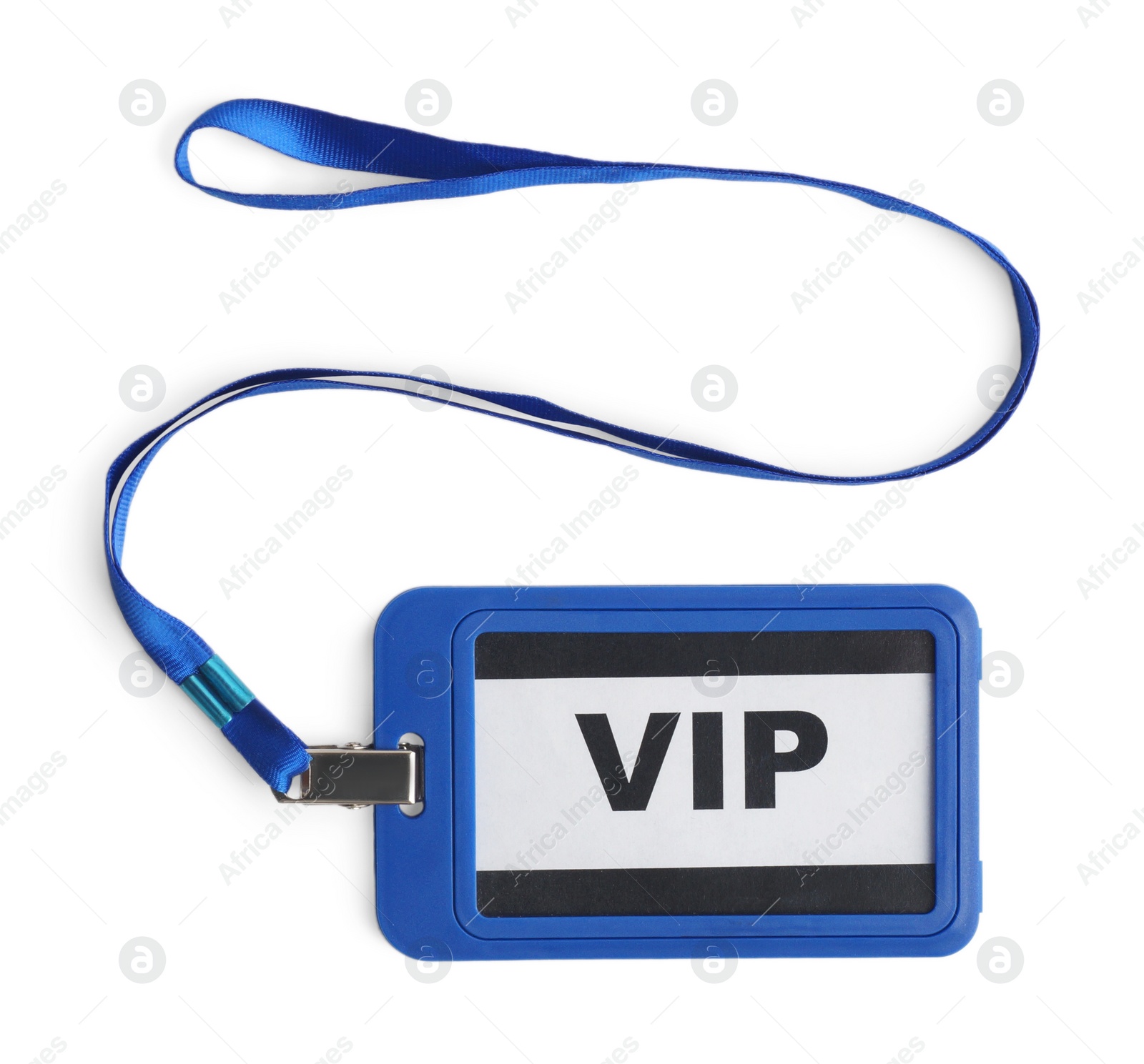 Photo of Blue vip badge isolated on white, top view