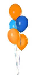 Image of Bunch of orange and blue balloons on white background