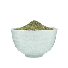 Photo of Bowl with aromatic dry dill on white background