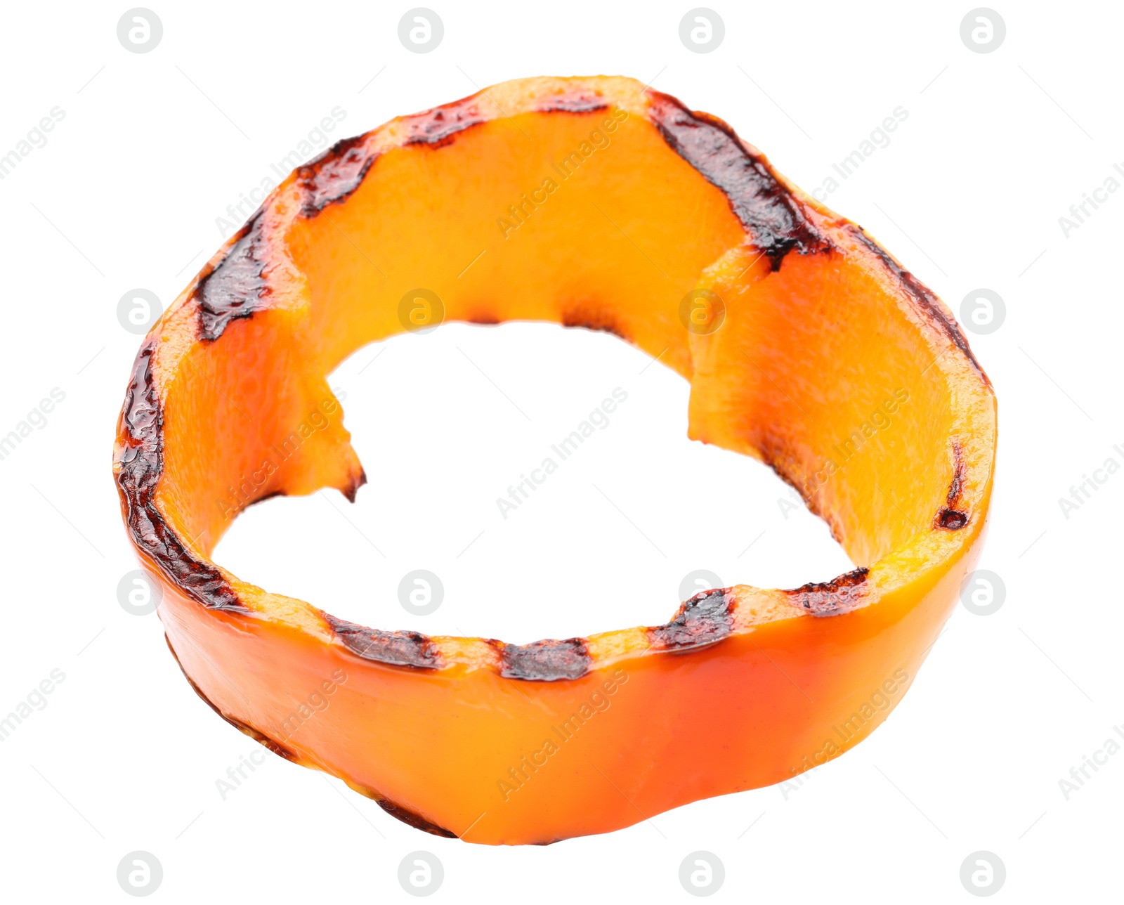 Photo of Slice of grilled orange pepper isolated on white