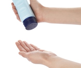 Photo of Woman applying dusting powder on white background, closeup