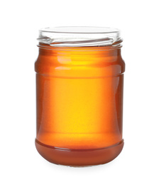 Jar with organic honey isolated on white