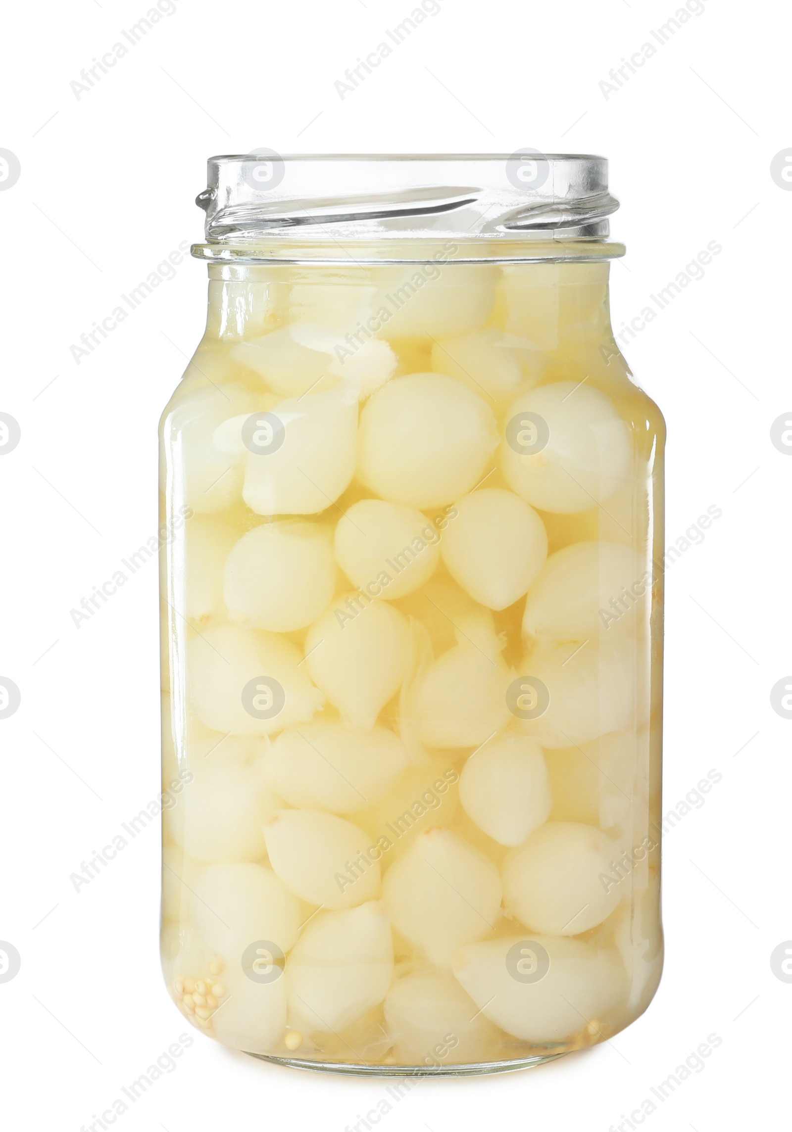 Photo of Jar with pickled onions on white background