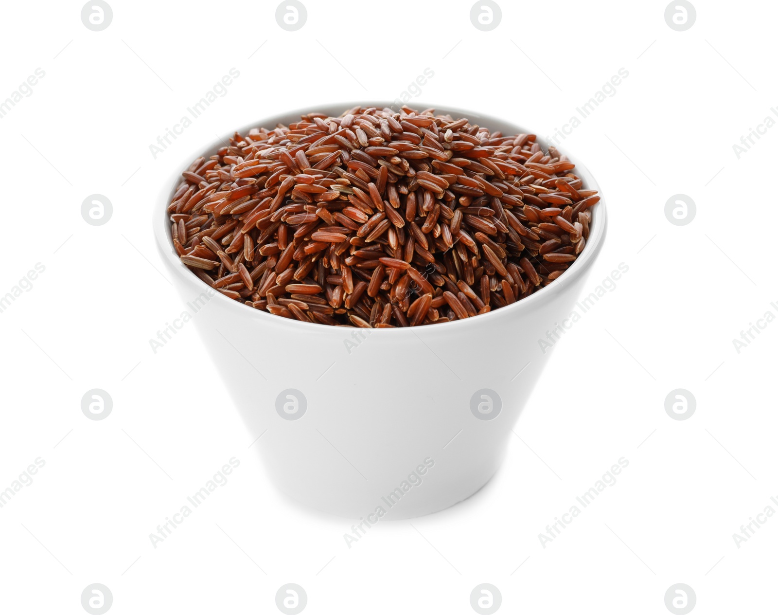 Photo of Ceramic bowl with brown rice on white background