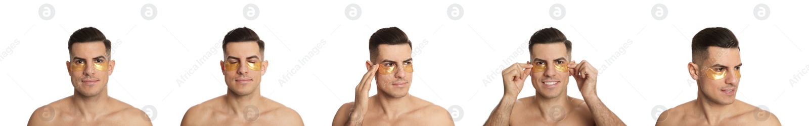 Image of Collage of handsome man with cosmetic under eye patches on white background. Banner design