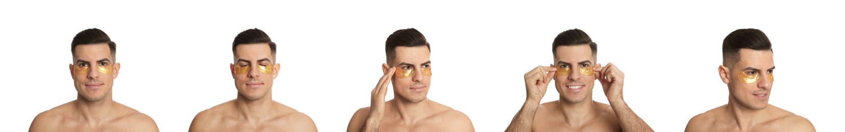 Collage of handsome man with cosmetic under eye patches on white background. Banner design