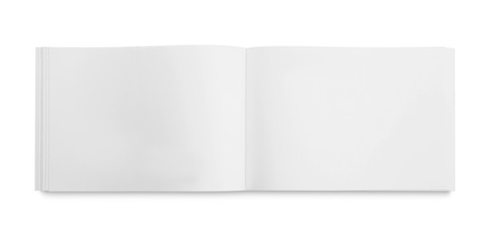 Photo of Open blank paper brochure isolated on white, top view. Mockup for design