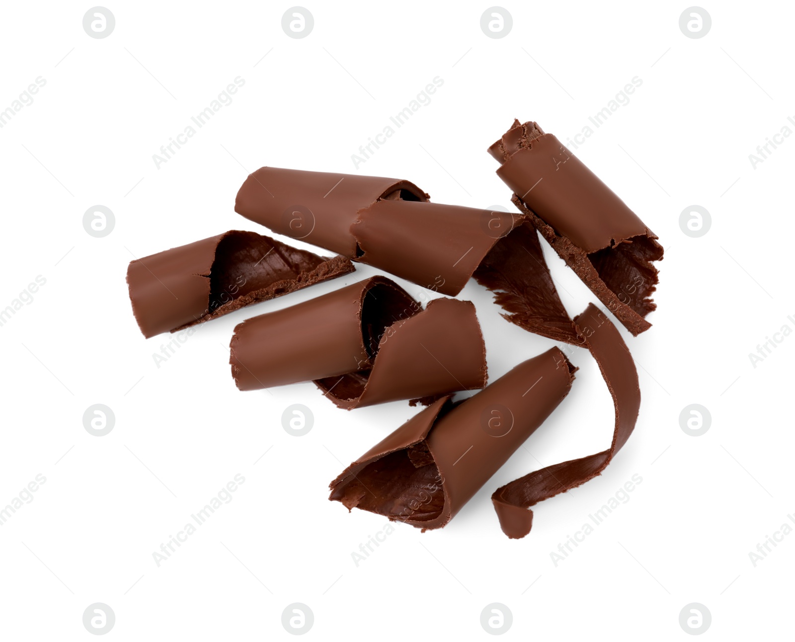 Photo of Tasty chocolate shavings isolated on white, top view