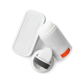 Photo of Shoe care accessories on white background, top view