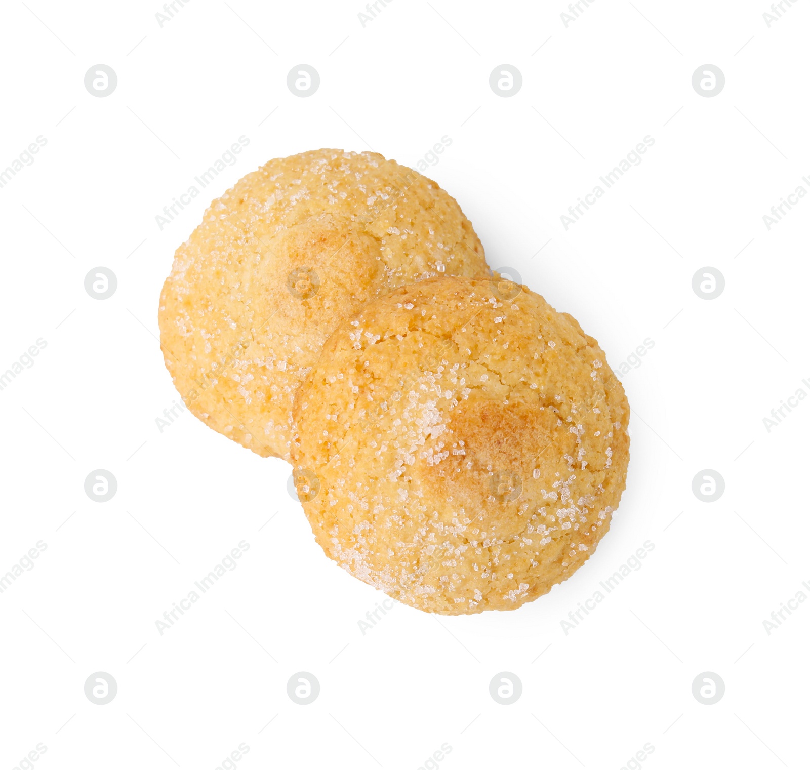 Photo of Tasty sweet sugar cookies isolated on white, top view