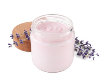 Photo of Jar of hand cream and lavender on white background