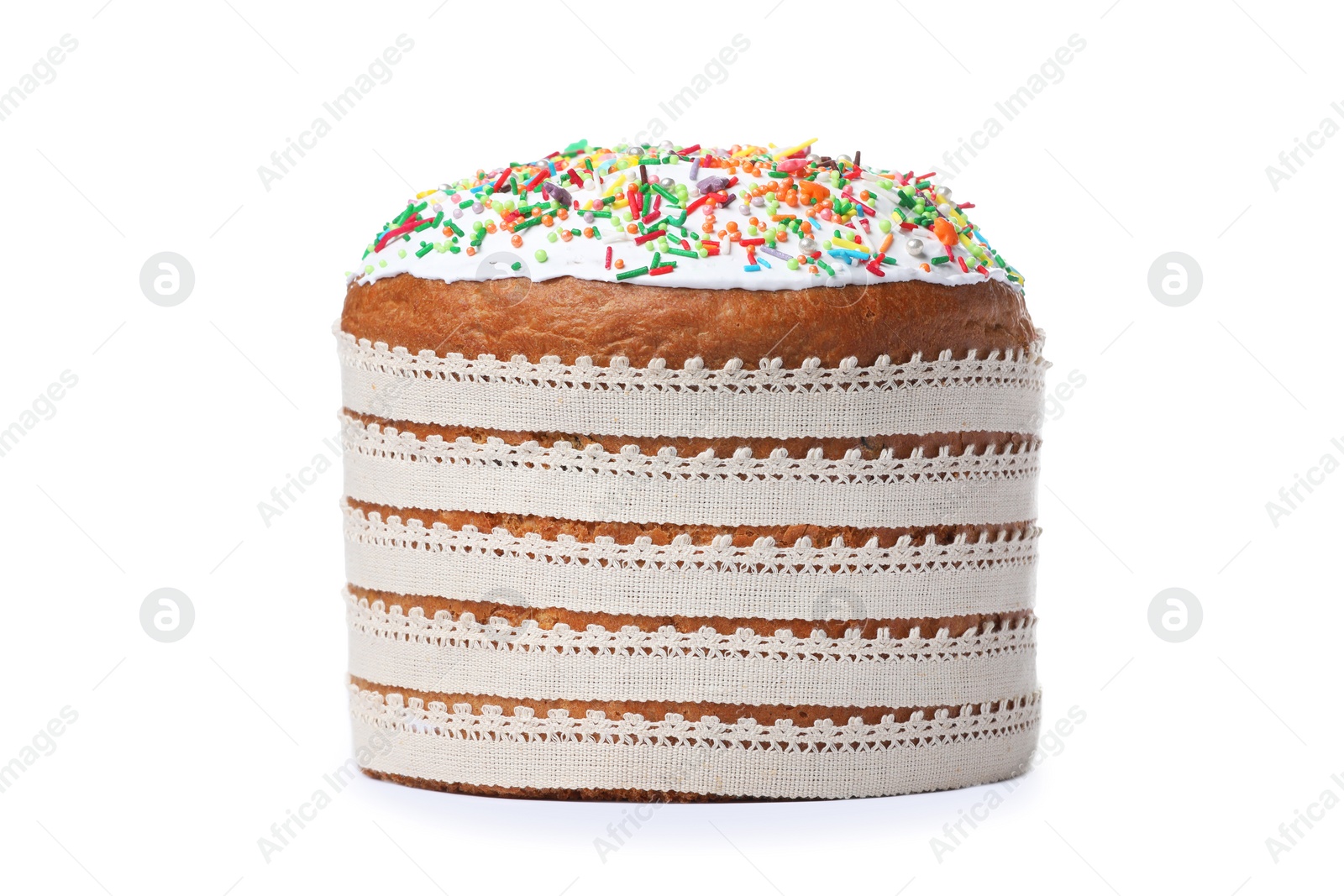 Photo of Traditional Easter cake with sprinkles on white background