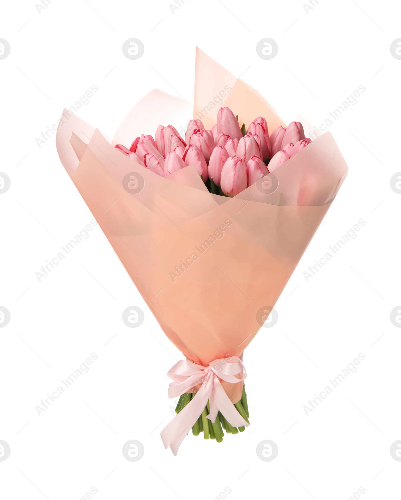 Photo of Bouquet of beautiful pink tulips on white background