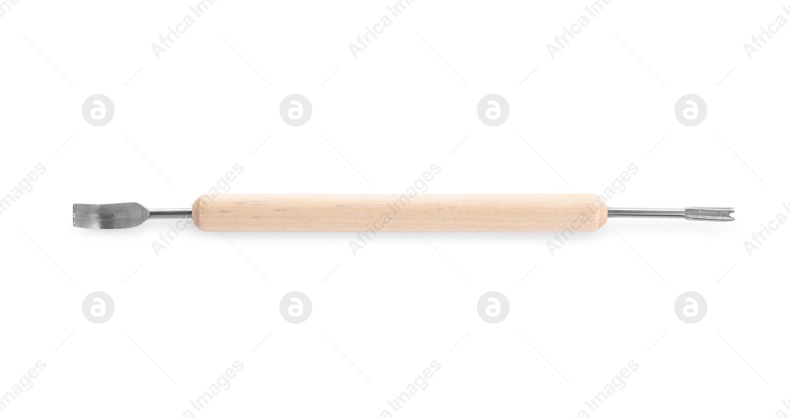 Photo of One wooden clay crafting tool isolated on white, top view