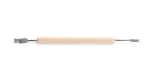 Photo of One wooden clay crafting tool isolated on white, top view