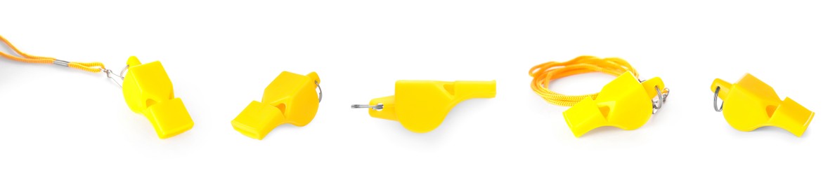 Yellow whistle with cord isolated on white, set