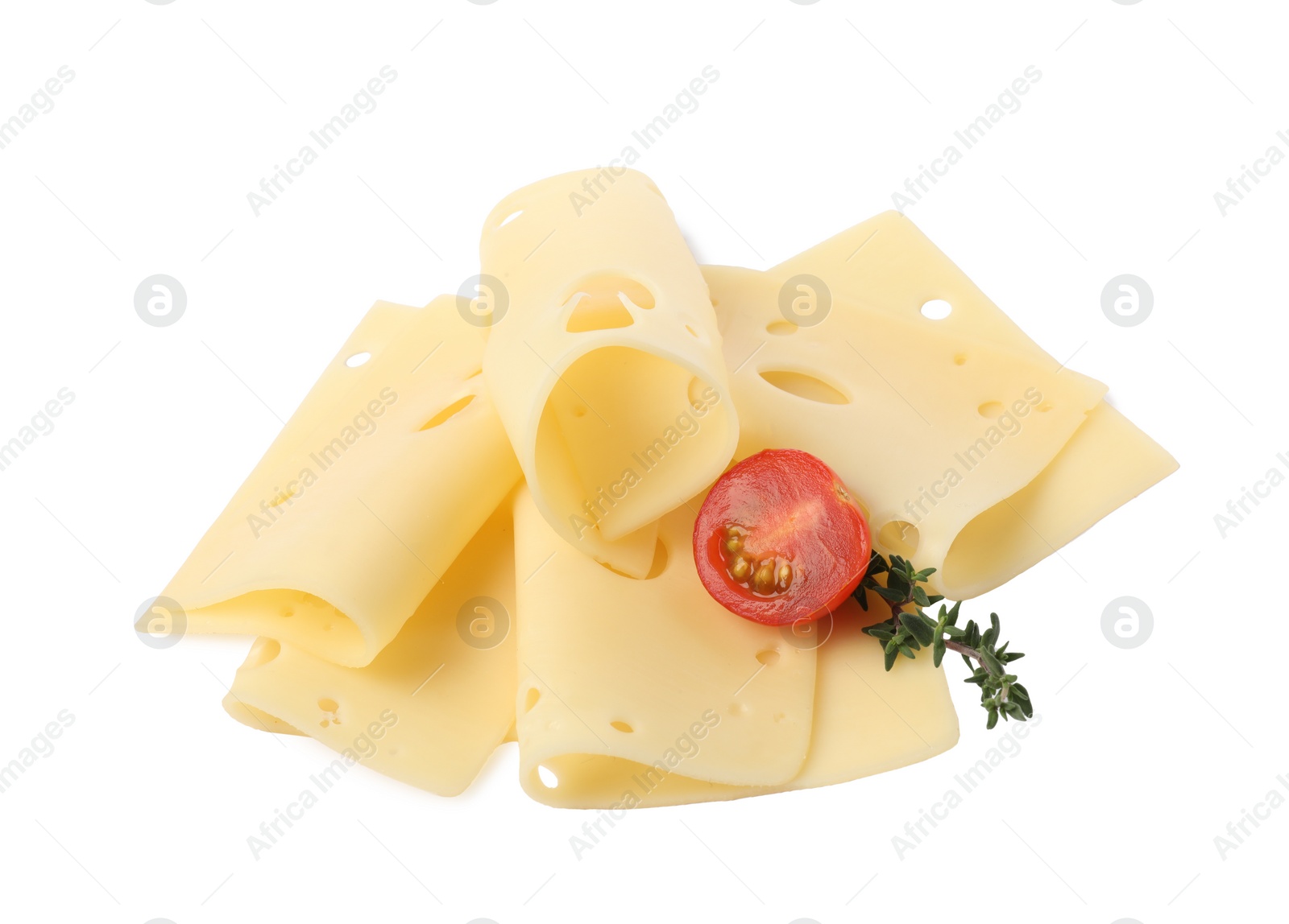 Photo of Slices of tasty fresh cheese, thyme and tomato isolated on white