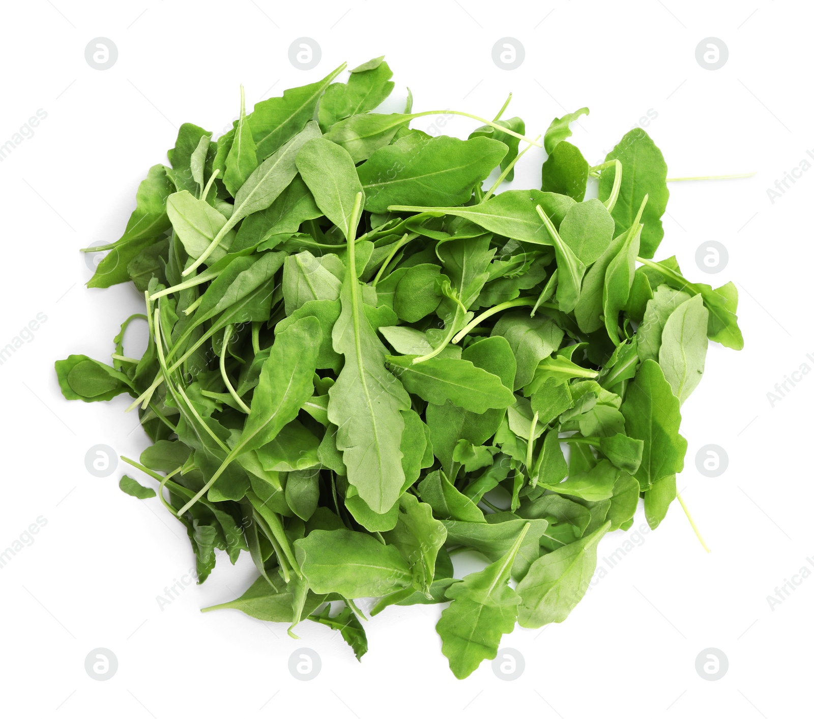 Photo of Fresh arugula on white background, top view