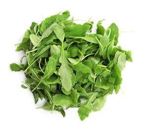 Fresh arugula on white background, top view