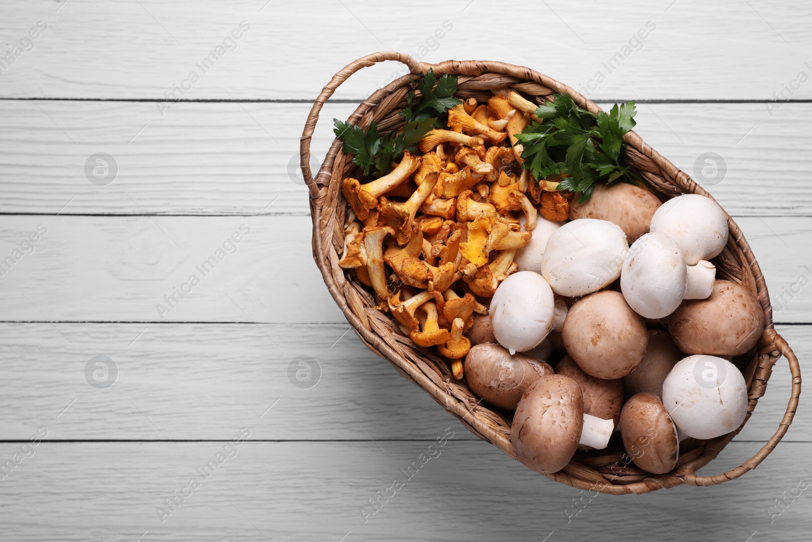 Photo of Basket with different mushrooms on white wooden table, top view. Space for text