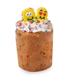 Photo of Traditional Easter cake with sprinkles and decorative emoticons isolated on white