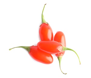 Photo of Fresh ripe goji berries on white background, top view