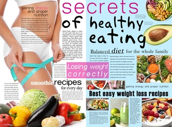 Image of Be Healthy magazine page spread design. Articles and different images