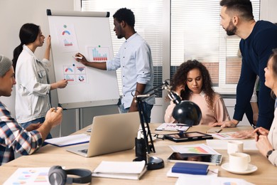 Photo of Team of employees working together in office. Startup project