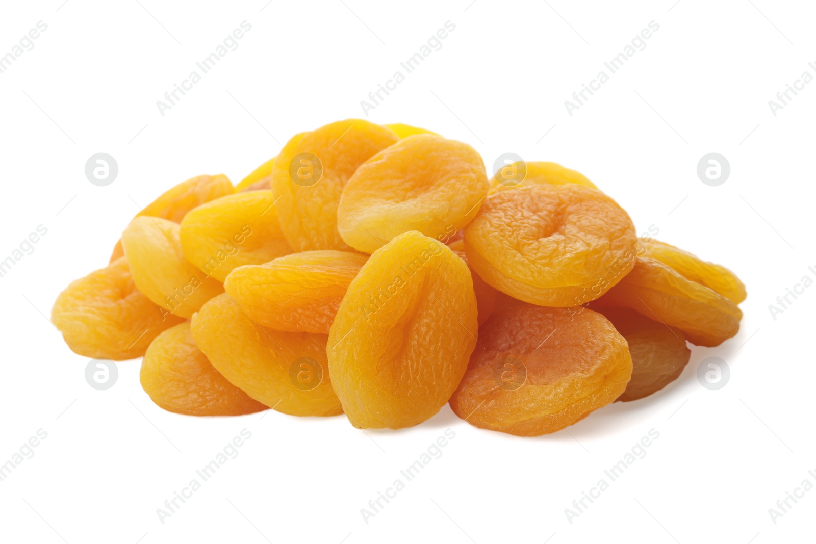 Photo of Pile of tasty apricots on white background. Dried fruits