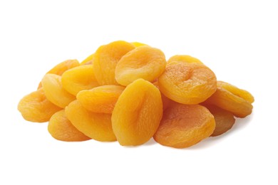 Photo of Pile of tasty apricots on white background. Dried fruits