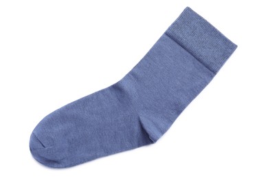 Photo of New blue sock isolated on white, top view