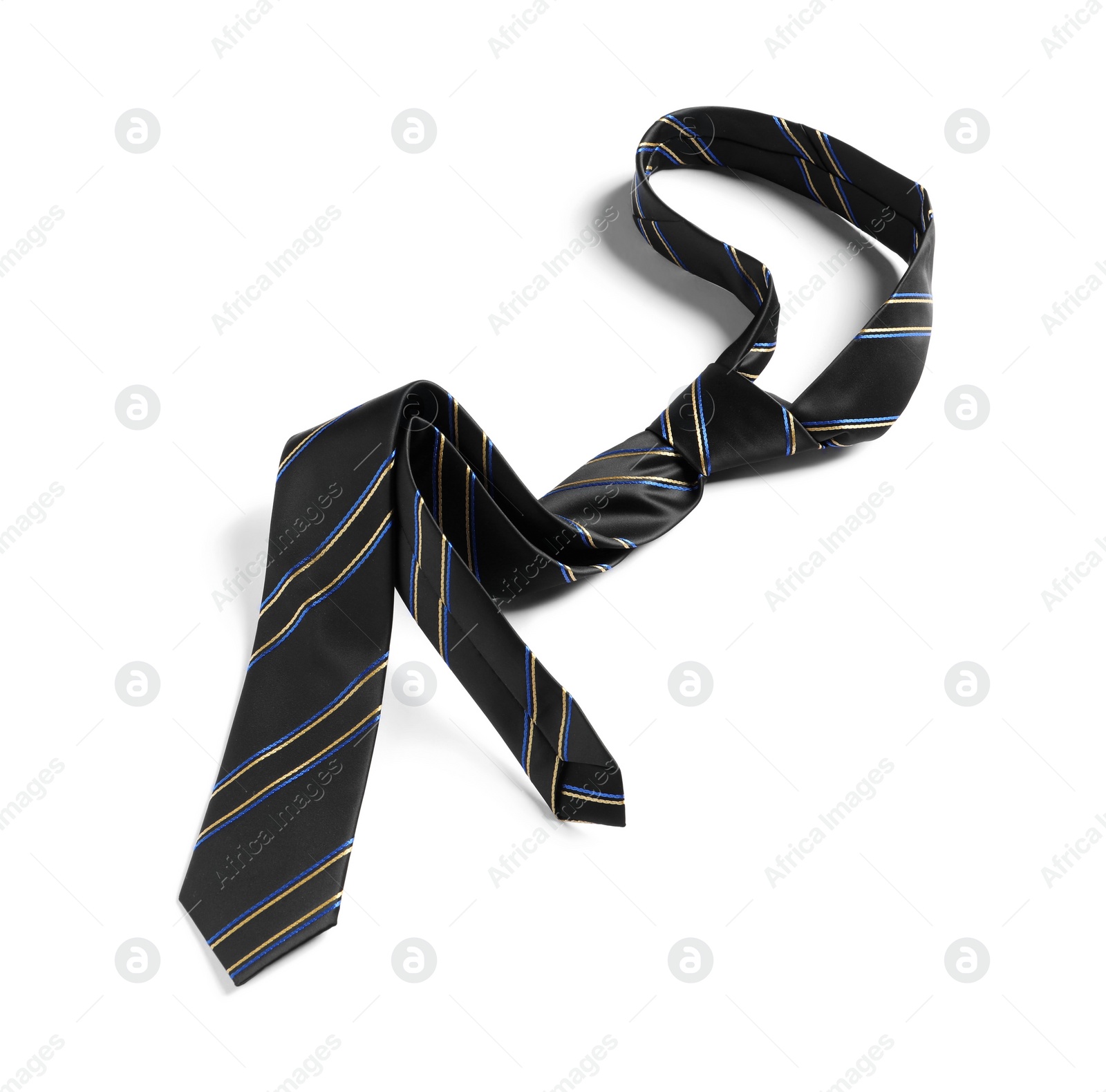 Photo of One striped necktie isolated on white, above view