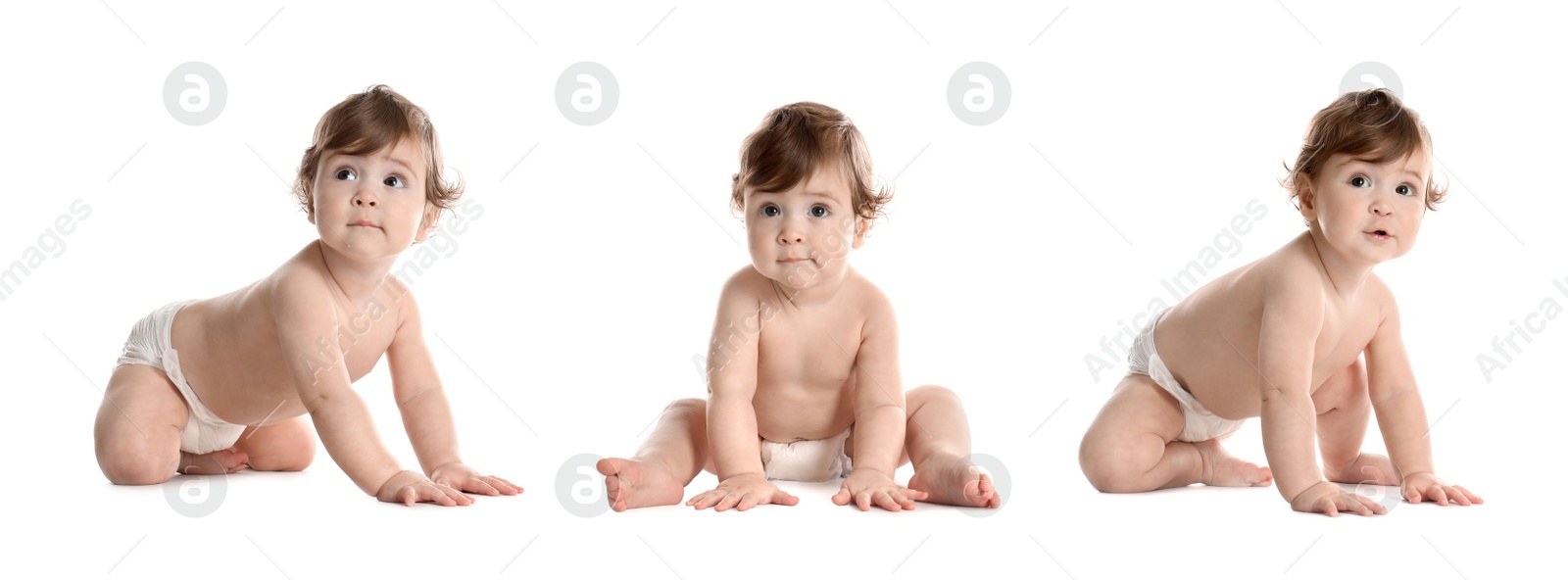 Image of Collage with photos of cute little baby in diaper on white background. Banner design