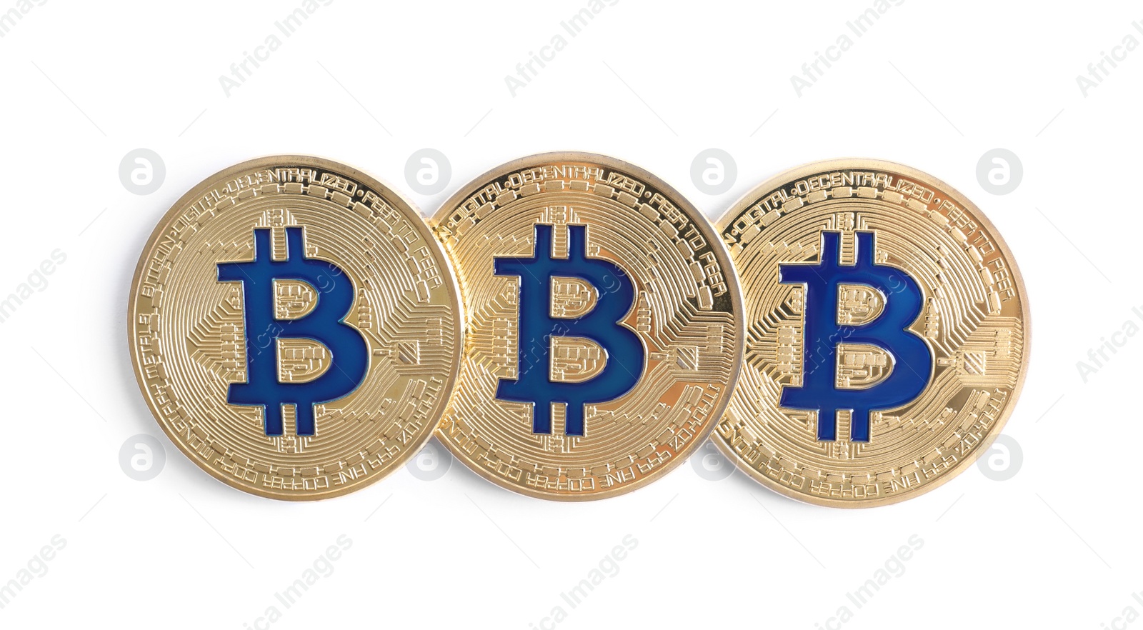 Photo of Bitcoins isolated on white, top view. Digital currency