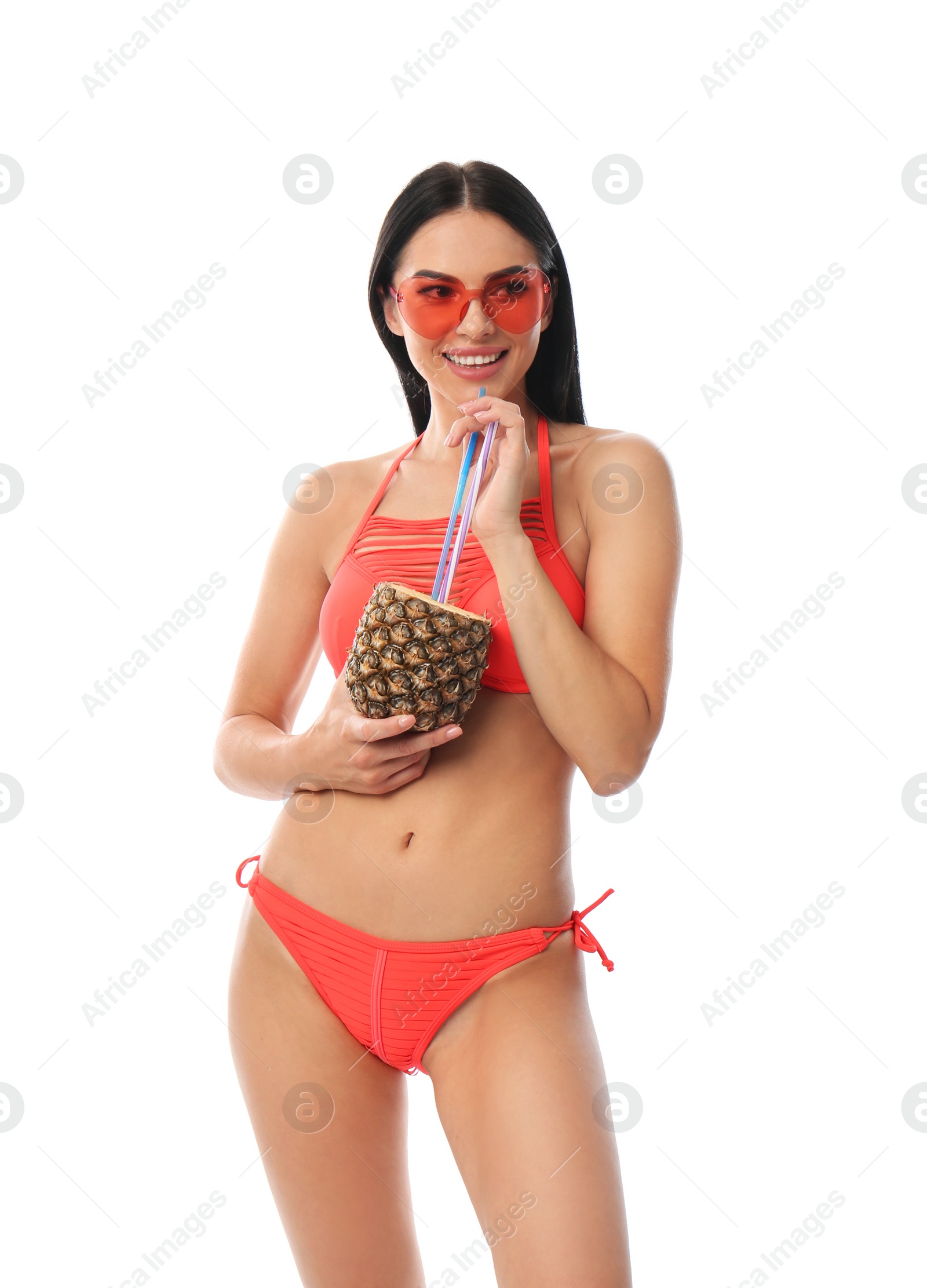 Photo of Beautiful young woman in stylish bikini with cocktail on white background