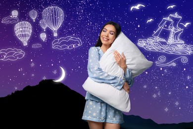 Image of Beautiful Asian woman with pillow dreaming about voyage, night starry sky on background