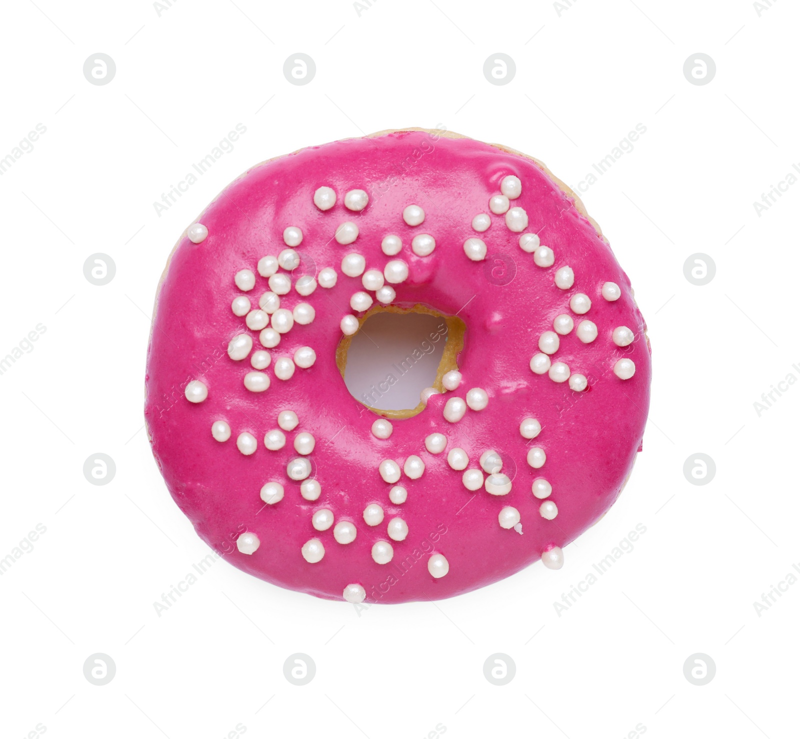 Photo of Tasty glazed donut with sprinkles isolated on white, top view