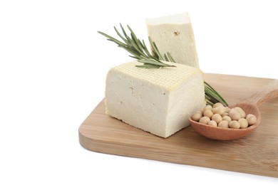 Pieces of delicious tofu with rosemary and soy on white background