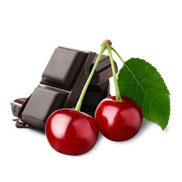 Image of Fresh cherries and pieces of dark chocolate isolated on white