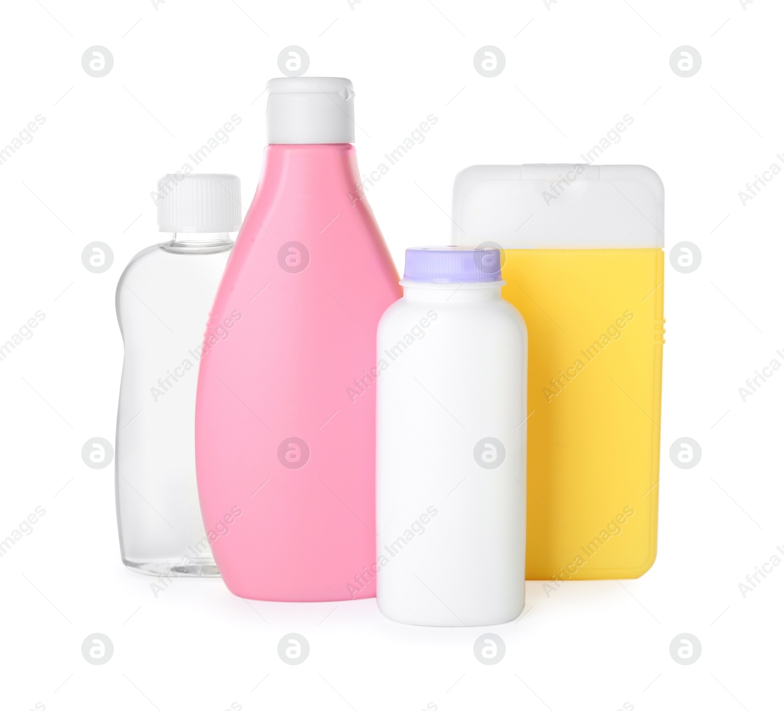 Photo of Bottles of baby cosmetic products on white background