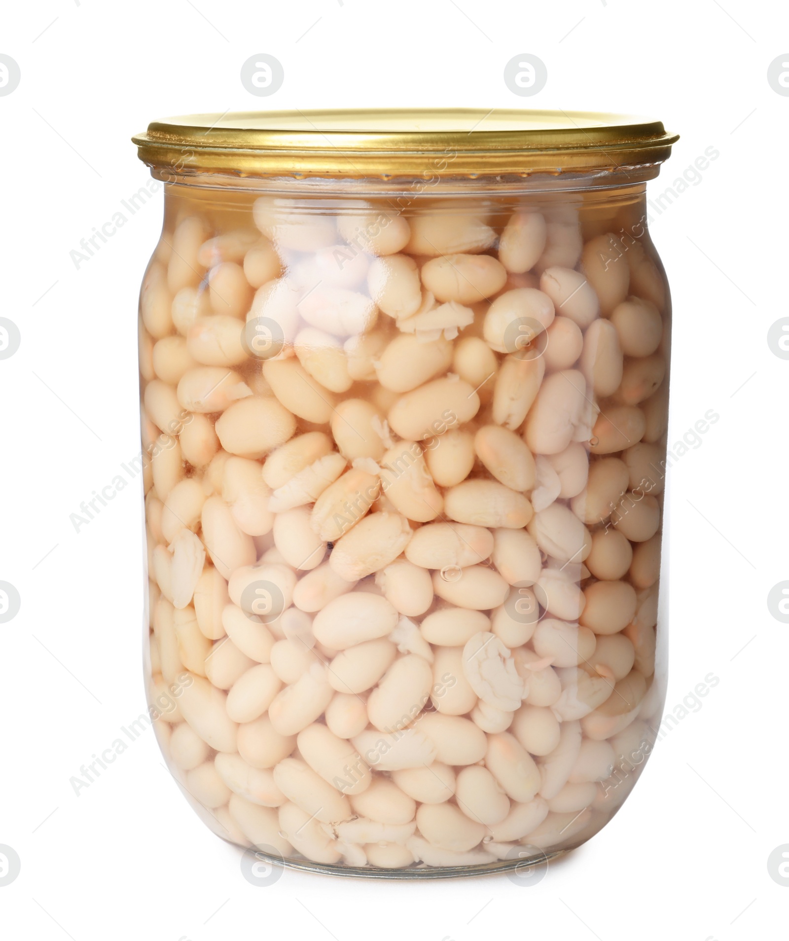 Photo of Glass jar with pickled beans isolated on white