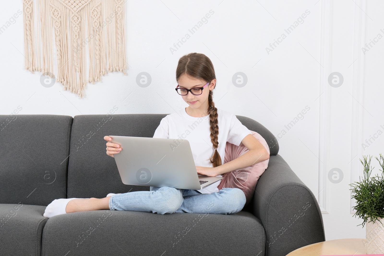 Photo of Girl with laptop on sofa at home