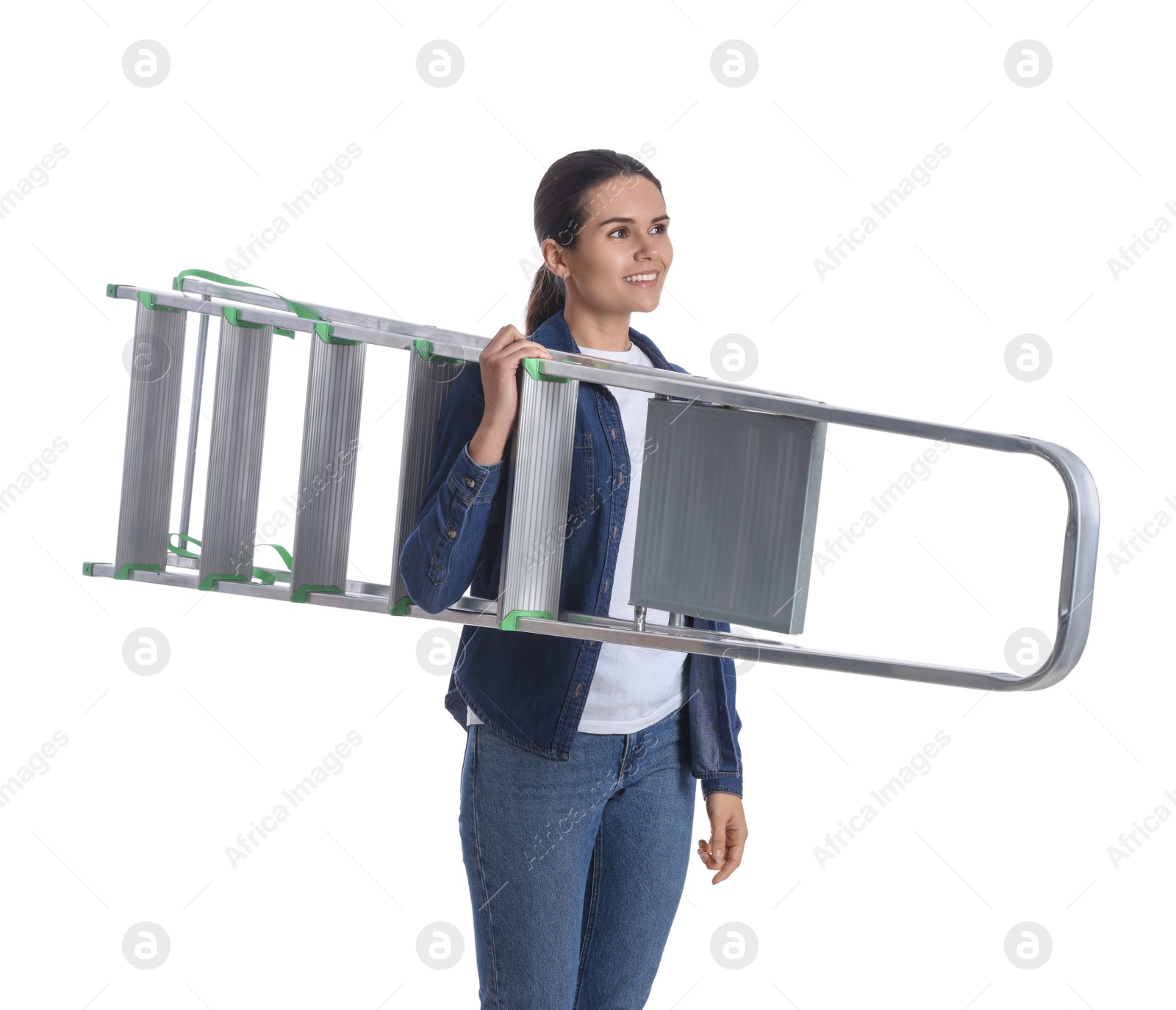 Photo of Young woman holding metal ladder on white background