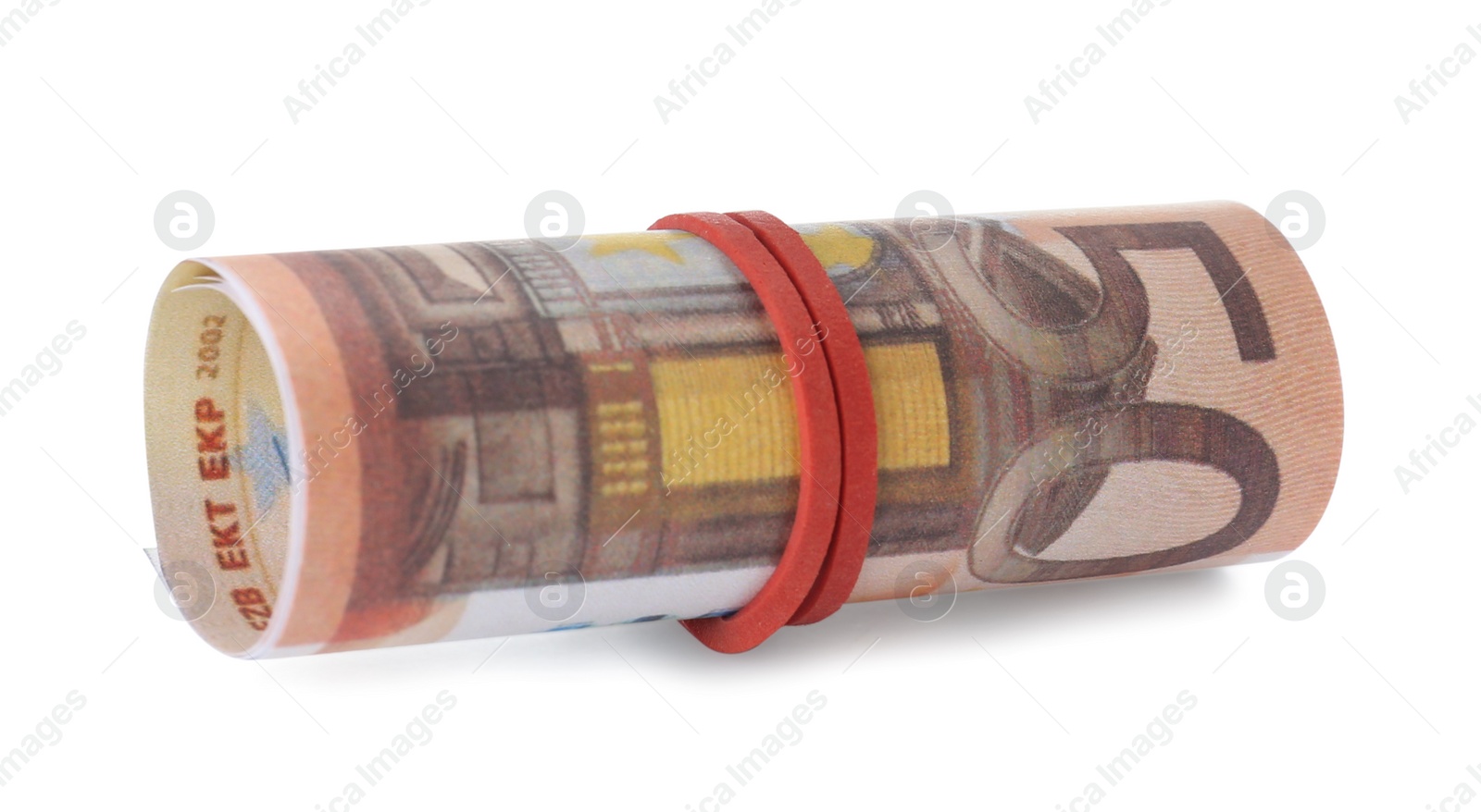 Photo of Roll of 50 Euro banknotes isolated on white. Money exchange