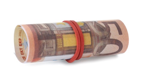 Roll of 50 Euro banknotes isolated on white. Money exchange