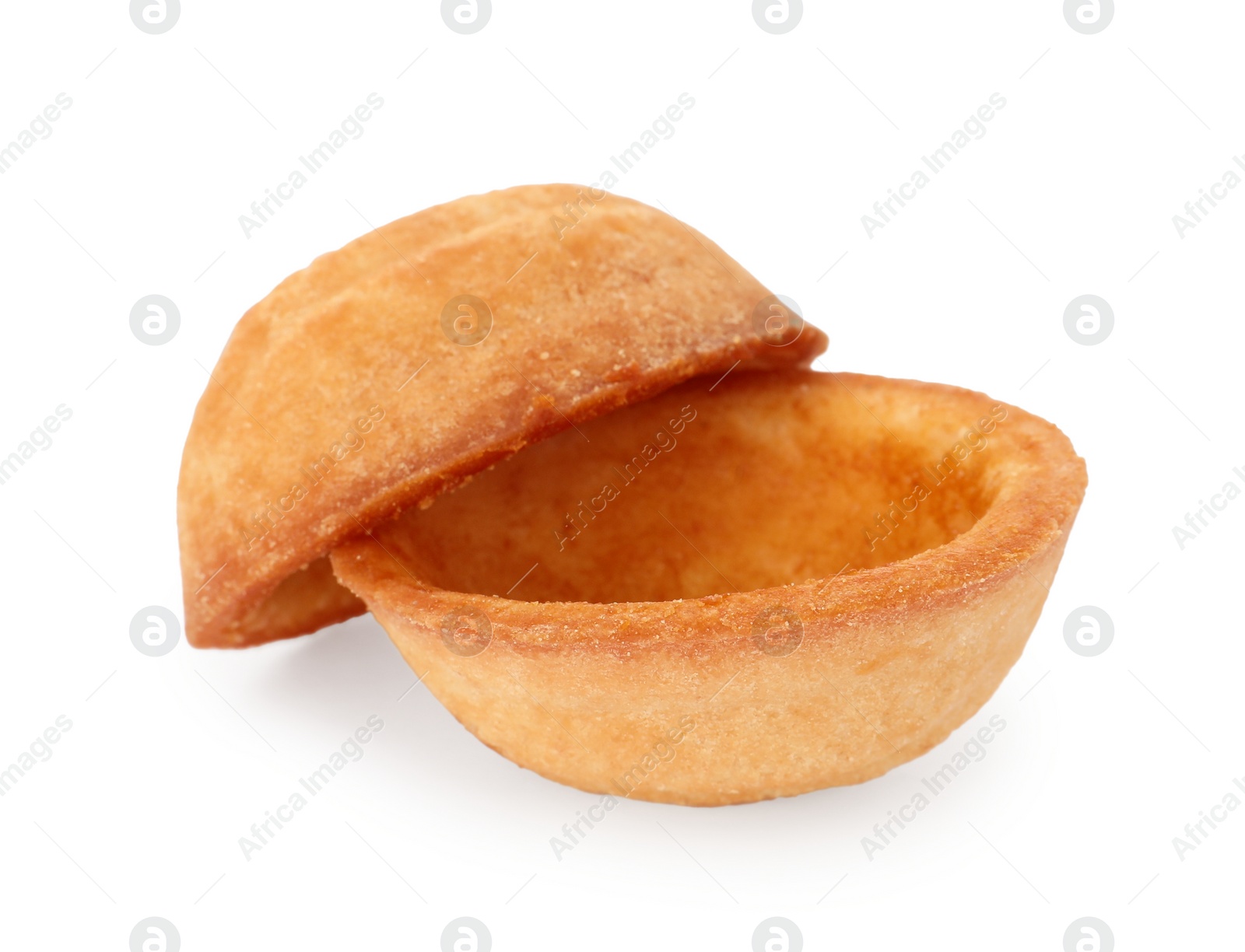 Photo of Halves of delicious nut shaped cookie on white background