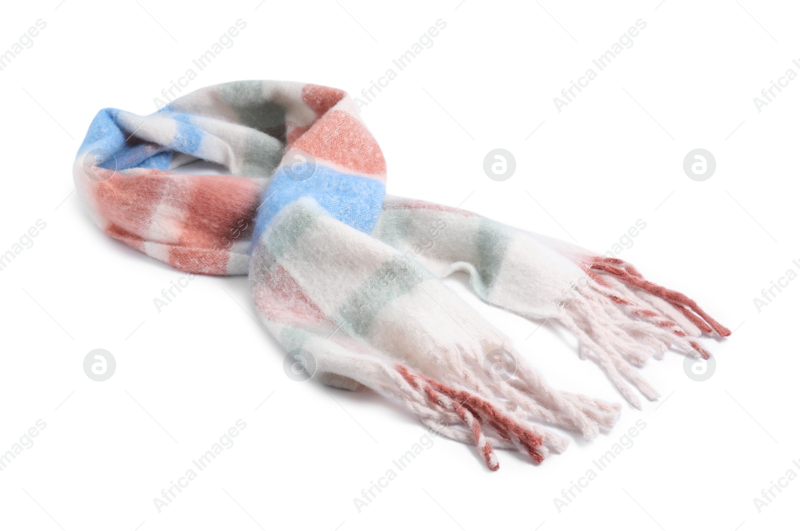 Photo of One beautiful checkered scarf on white background