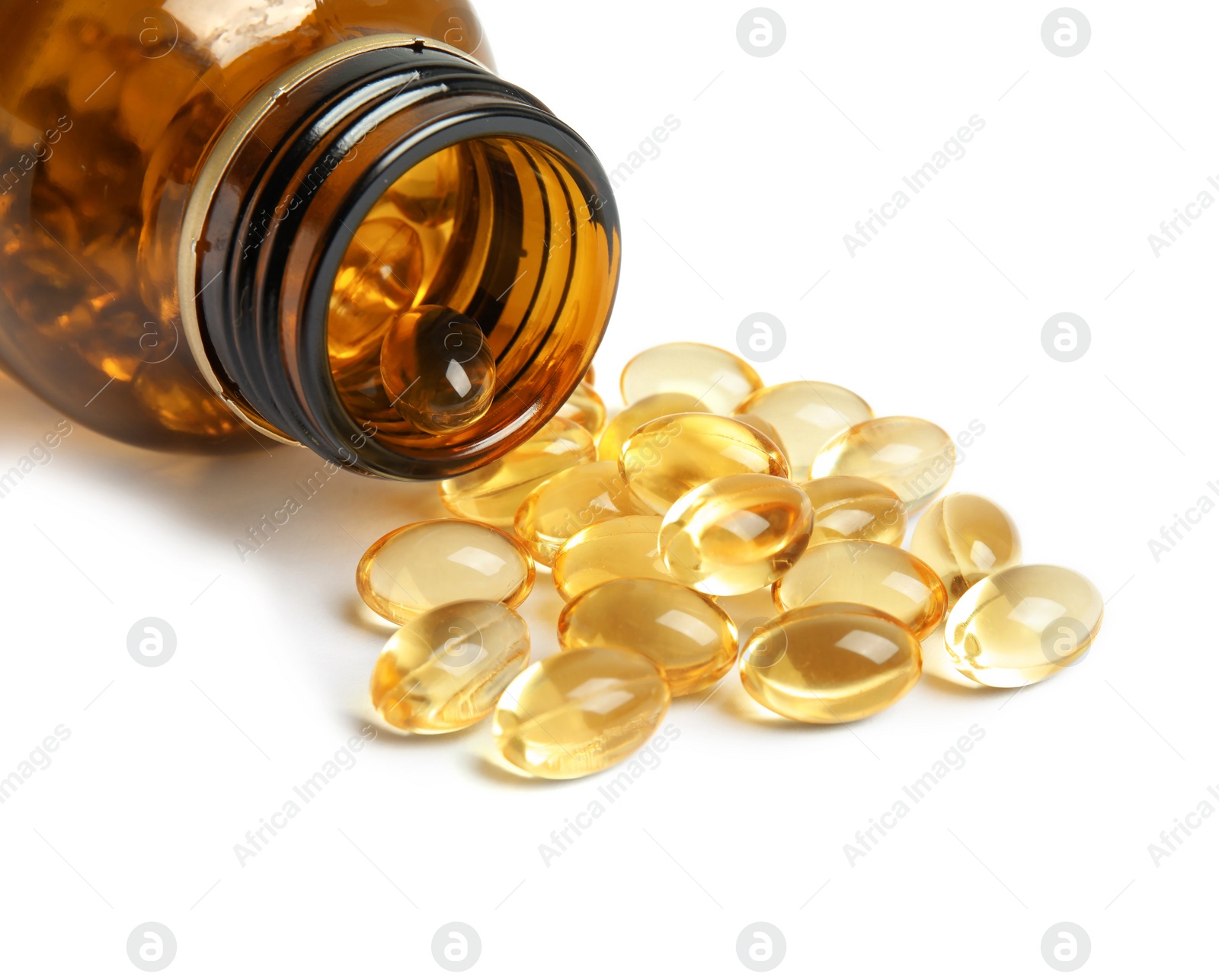 Photo of Bottle with cod liver oil pills on white background