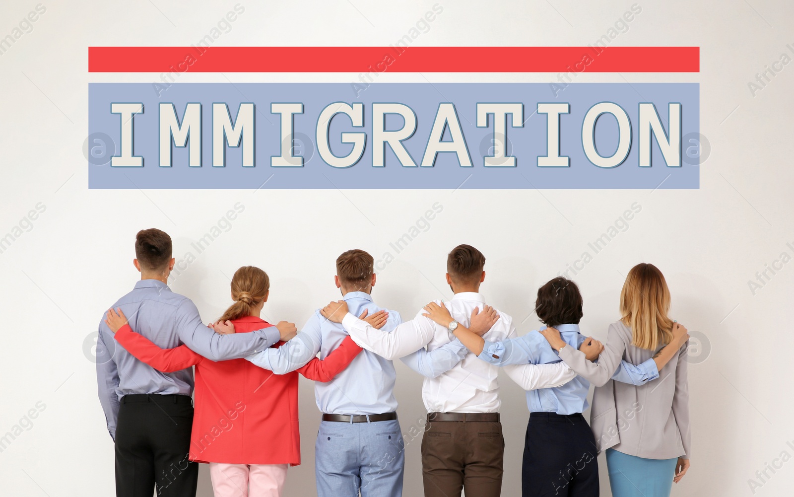 Image of Immigration concept. Group of young people hugging each other near light wall