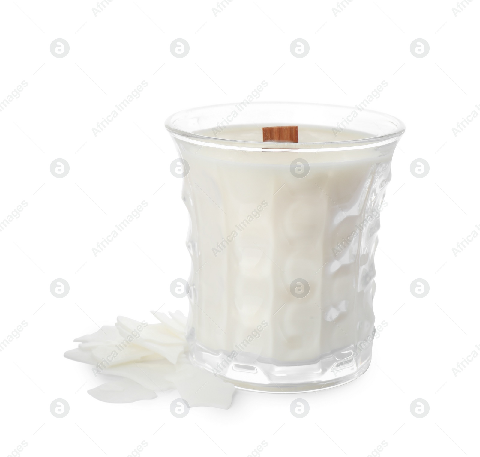 Photo of Aromatic soy candle with wooden wick isolated on white